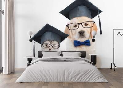 Kitten and Golden retriever puppy with black graduation hats and eyeglasses sitting together. isolated on white background Wall mural