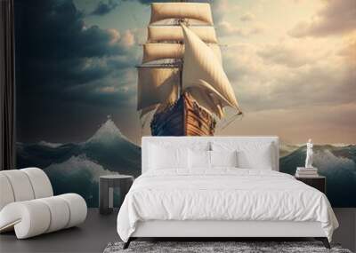 Old navy ship in the sea. Big waves are around the galleon. Generative AI. Wall mural