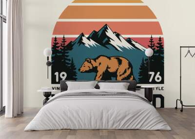 Outdoor adventures. Mountains touristic logo or emblem design template with bear vintage illustration. Wall mural