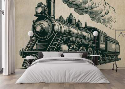 Steam locomotive, old train, Hand drawn illustration Wall mural