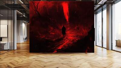 A lone figure walks through fiery path Wall mural