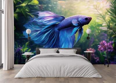 A Siamese Fighting Fish Swims Through Lush Greenery Wall mural