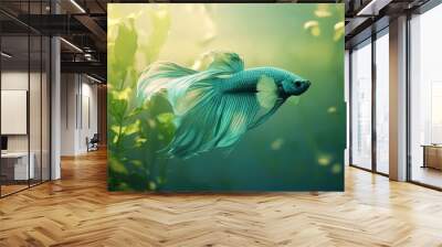 Blue Betta Fish Swimming in a Green Aquarium Wall mural