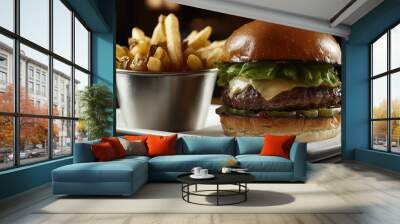 Juicy Cheeseburger with Crispy French Fries Wall mural