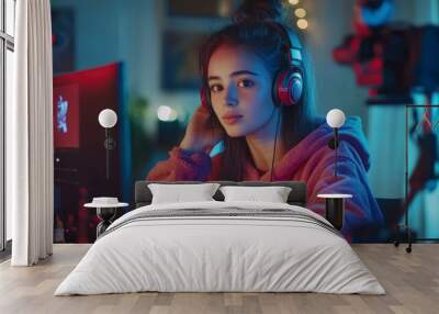 Young Woman Streaming Online with Headphones and a Microphone Wall mural