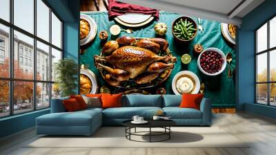 An overhead view of a beautifully set Thanksgiving dinner table Wall mural