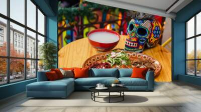 Mexican food in traditional offering of dia de muertos  Wall mural