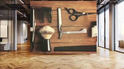 essentials tools for barber / overhead of barber tools on wood top Wall mural