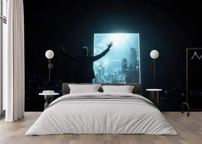 A man in a suit stands energetically and confidently with his arms raised, looking at the open door leading to a cityscape concept of a businessman with full confidence Wall mural