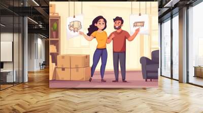 A young couple moving into their new home abstract theme, standing in the middle of an empty room with piles of cardboard boxes on one side and furniture on the other Wall mural