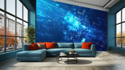 Digital backdrop featuring data and precision binary code with glowing particles with dark abstract blue light effects, elements add futuristic depth Wall mural