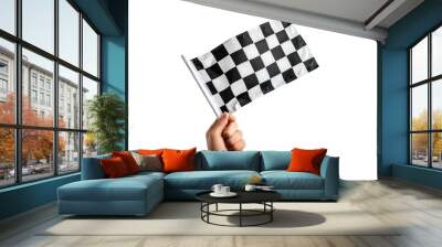 Flag in hand with black and white checkered pattern fluttering in the wind on a clean white background, racing and competition concept Wall mural