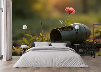 A flower in a pot, green plant, small plant, new born plant on a shell 
 Wall mural