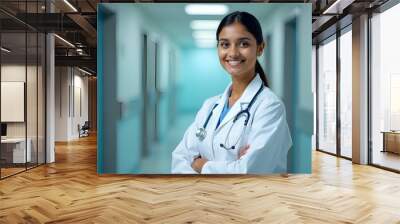 Woman doctor wearing lab coat with stethoscope isolated
 Wall mural