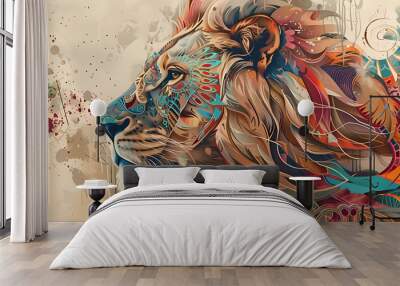 abstract artwork: portrait of beautiful majestic african lion with coloful, flowery mane, vibrant tribal art savannah king wallpaper beauty Wall mural