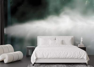 adiabatic city cooling system, closeup water spraying nozzle steam blurry city place background, evaporation temperature regulation heat reduction, microclimate Wall mural