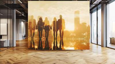 teamwork, double exposure silhouette team task force walking business people men women hands together and modern city background, unity, diversity Wall mural