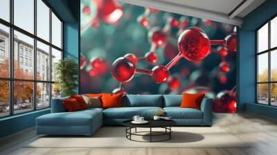 This is a close-up image of a red molecular structure model featuring intricate hexagonal patterns, set against a dark background, evoking concepts of science and innovation. Wall mural