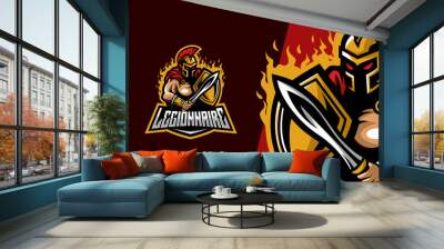 fighter with sword and shield mascot character for esport game logo illustration Wall mural