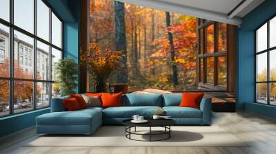 autumn forest view from a cozy cabin window Wall mural