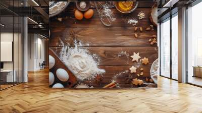 baking ingredients for baking on a wooden table Wall mural