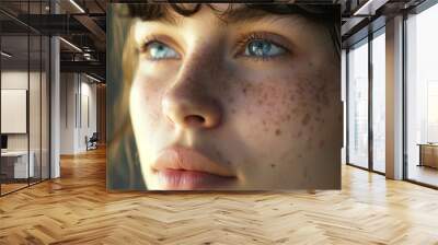 close shot of young woman teenager girl with major skin problems freckles brown spot pimpes acne Wall mural