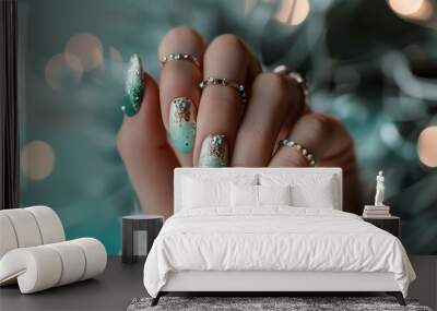 emerald-green nail art,beautiful,pale green nail art,transparent and slightly gradient woman wear a lot of golden rings Wall mural