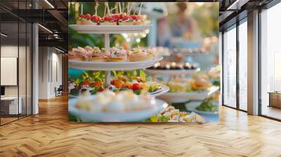 Outdoor Wedding or elegant party buffet table with fruity, sweet and salty appetizer little cake and bites  Wall mural