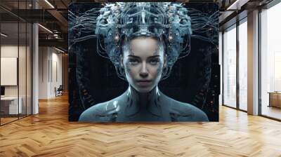 Portrait about a human like android woman with young woman face but cables and electronic body  technology in the future  Wall mural