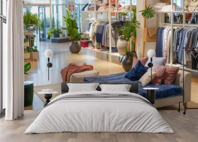 trendy comfortable close shop with a lot of clothes in a good system with sofa Wall mural