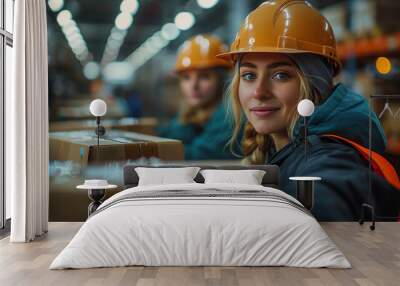 two employees mand and woman are packing orders in the warehouse, wearing safety helmets and warm coat Wall mural