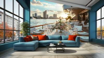 wedding decoration and wedding dinner table on a ship or luxory boat with classic style in the sunset Wall mural