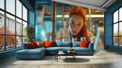 young female lab worker with a serious look and red hair wears a lab coat in the lab Wall mural