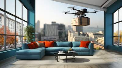 Delivery drone with pizza box. 3D illustration Wall mural