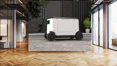 Delivery robot in front of the house, Autonomous delivery robotic. Wall mural