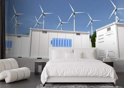 Energy storage systems with wind turbines, Green alternative energy concept. 3D illustration Wall mural