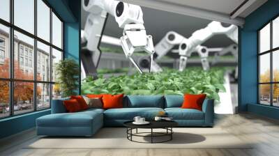 Smart robotic farmers concept, robot farmers, Agriculture technology, Farm automation. Wall mural