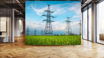 High voltage lines and power pylons in a flat and green agricultural landscape on a sunny day with clouds in the blue sky. Cloudy and rainy. Wheat is growing Wall mural