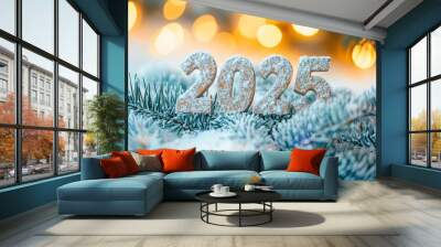 Two thousand twenty-five (2025) year with christmas trees spruce branches. Spruce needles are soft and fluffy, covered with snow. Wall mural