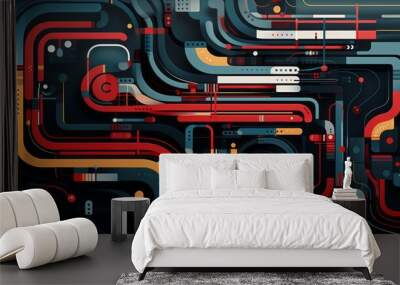 Abstract vector illustration, representing automated testing with dynamic shapes and vibrant colors Wall mural