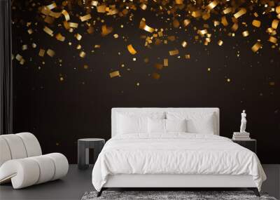 Golden confetti falling on a black background banner Wall mural