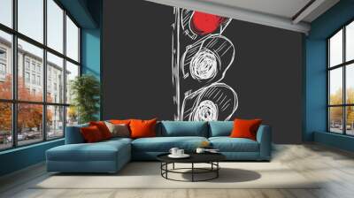 Traffic lights, only red light is on, hand drawn illustration on black background Wall mural