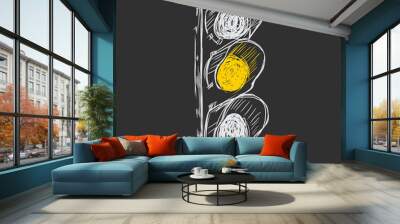 Traffic lights, only yellow light is on, hand drawn illustration on black background Wall mural