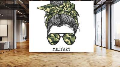 Woman messy bun hairstyle with camo headband and glasses hand drawn vector illustration  Wall mural