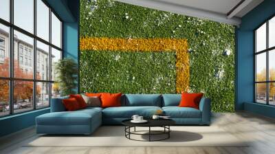 Green growing grass in snow. Sport background Wall mural