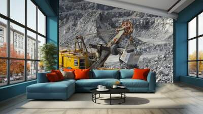 Heavy mining excavator loads rock ore into a dump-body large mining truck. Quarry equipment. Mining industry. Wall mural