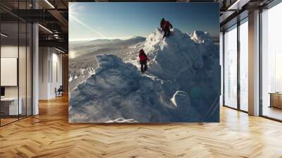 Hikers on a mountain top in winter. Wall mural