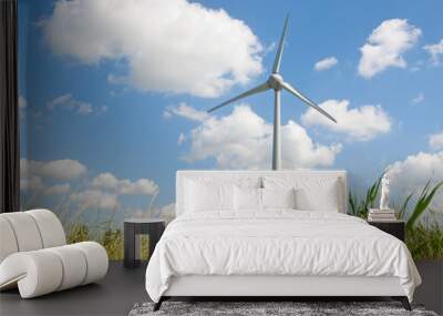 Wind Turbines in blue sky and fresh crops Wall mural