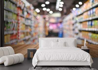 Empty top wooden table with supermarket blur background Wall mural