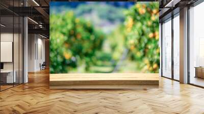 Empty wood table with free space over orange trees, orange field background. For product display montage Wall mural